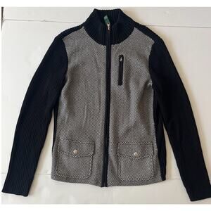 Ralph Lauren Sweater Cardigan Women L Black White Herringbone Ribbed High Neck